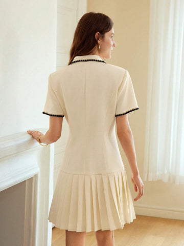 MOTF PREMIUM CONTRAST BINDING PEAK COLLAR PLEATED HEM DRESS