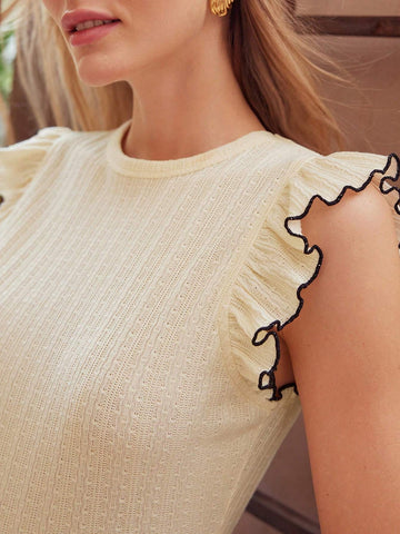 MOTF PREMIUM CONTRAST BINDING RUFFLE ARMHOLE TEXTURED TEE