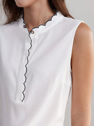 MOTF PREMIUM CONTRAST BINDING SCALLOP EDGE SLEEVELESS BLOUSE