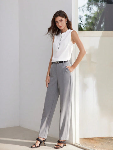 MOTF PREMIUM CONTRAST BINDING SCALLOP EDGE SLEEVELESS BLOUSE