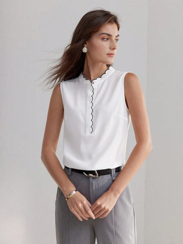 MOTF PREMIUM CONTRAST BINDING SCALLOP EDGE SLEEVELESS BLOUSE