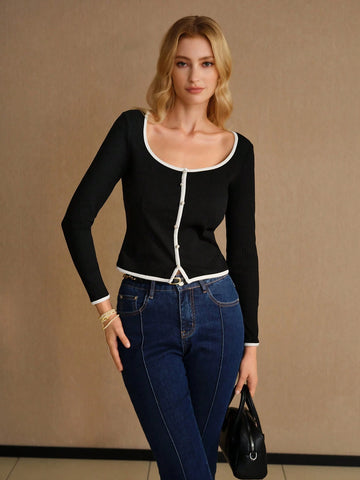 MOTF PREMIUM CONTRAST BINDING SCOOP NECK SLIM FIT TEE