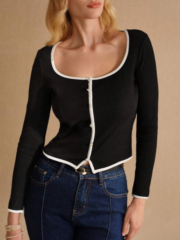 MOTF PREMIUM CONTRAST BINDING SCOOP NECK SLIM FIT TEE