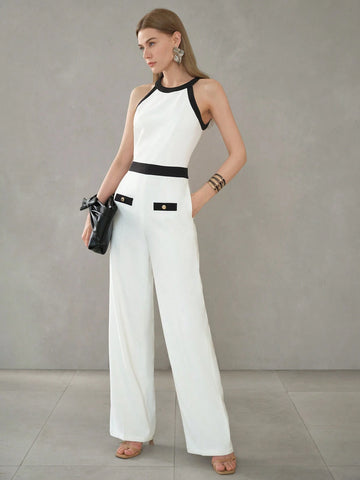 MOTF PREMIUM CONTRAST BINDING SLANT POCKET SEAM FRONT HALTER JUMPSUIT