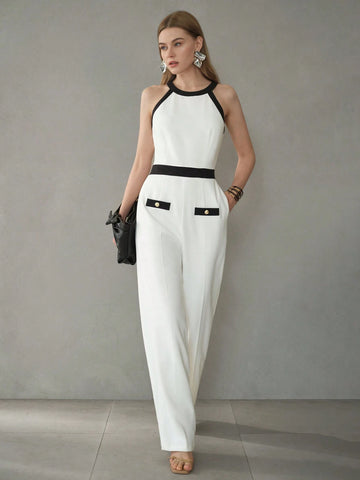 MOTF PREMIUM CONTRAST BINDING SLANT POCKET SEAM FRONT HALTER JUMPSUIT