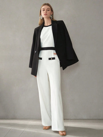 MOTF PREMIUM CONTRAST BINDING SLANT POCKET SEAM FRONT HALTER JUMPSUIT