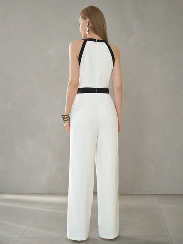 MOTF PREMIUM CONTRAST BINDING SLANT POCKET SEAM FRONT HALTER JUMPSUIT
