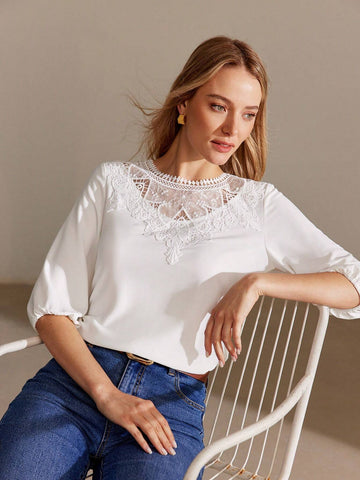 MOTF PREMIUM CONTRAST LACE LANTERN SLEEVE BLOUSE