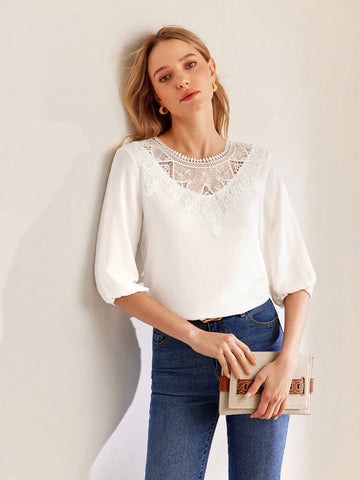 MOTF PREMIUM CONTRAST LACE LANTERN SLEEVE BLOUSE