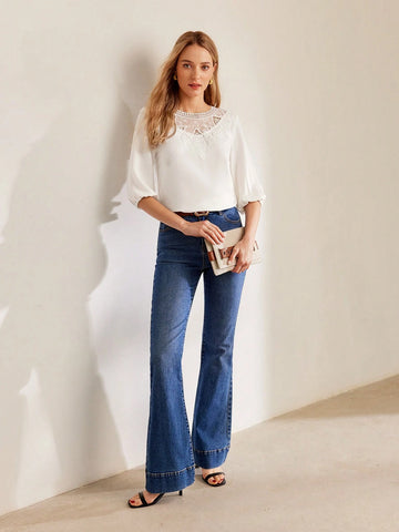 MOTF PREMIUM CONTRAST LACE LANTERN SLEEVE BLOUSE