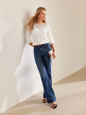 MOTF PREMIUM CONTRAST LACE LANTERN SLEEVE BLOUSE