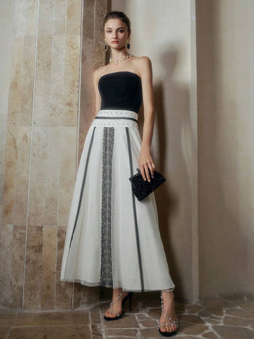 MOTF PREMIUM CONTRAST LACE MESH FAUX PEARL SKIRT