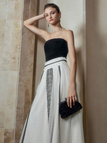 MOTF PREMIUM CONTRAST LACE MESH FAUX PEARL SKIRT