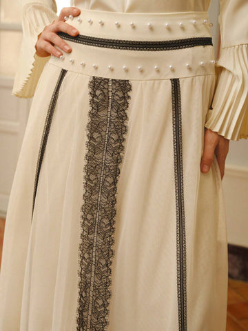 MOTF PREMIUM CONTRAST LACE MESH FAUX PEARL SKIRT
