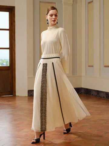 MOTF PREMIUM CONTRAST LACE MESH FAUX PEARL SKIRT