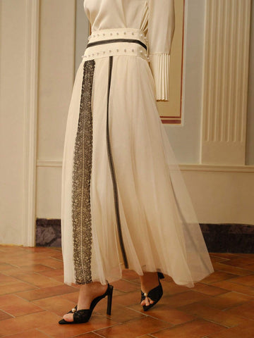 MOTF PREMIUM CONTRAST LACE MESH FAUX PEARL SKIRT
