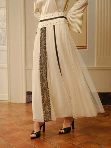 MOTF PREMIUM CONTRAST LACE MESH FAUX PEARL SKIRT
