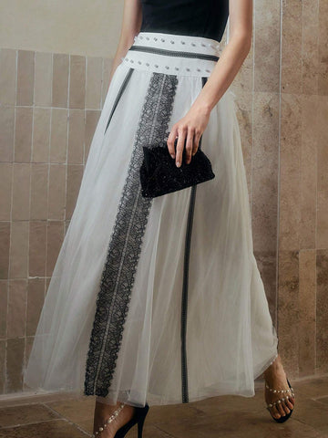 MOTF PREMIUM CONTRAST LACE MESH FAUX PEARL SKIRT