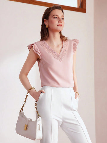 MOTF PREMIUM CONTRAST LACE RUFFLE ARMHOLE BLOUSE