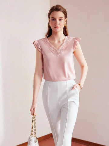 MOTF PREMIUM CONTRAST LACE RUFFLE ARMHOLE BLOUSE