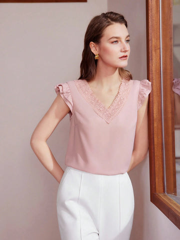 MOTF PREMIUM CONTRAST LACE RUFFLE ARMHOLE BLOUSE