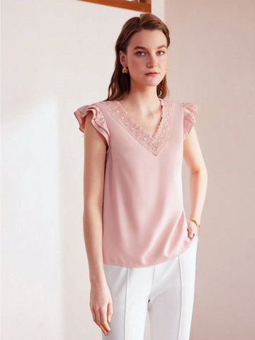 MOTF PREMIUM CONTRAST LACE RUFFLE ARMHOLE BLOUSE