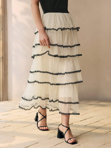 MOTF PREMIUM CONTRAST LACE RUFFLE LAYERED SKIRT