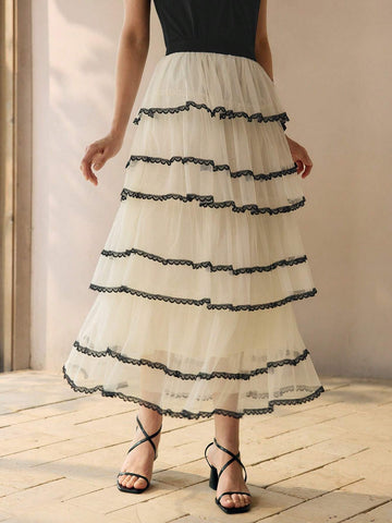 MOTF PREMIUM CONTRAST LACE RUFFLE LAYERED SKIRT
