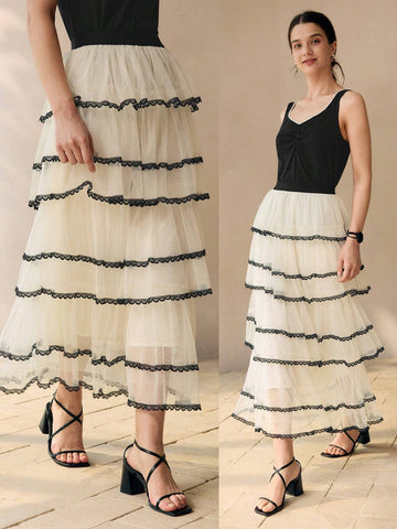 MOTF PREMIUM CONTRAST LACE RUFFLE LAYERED SKIRT