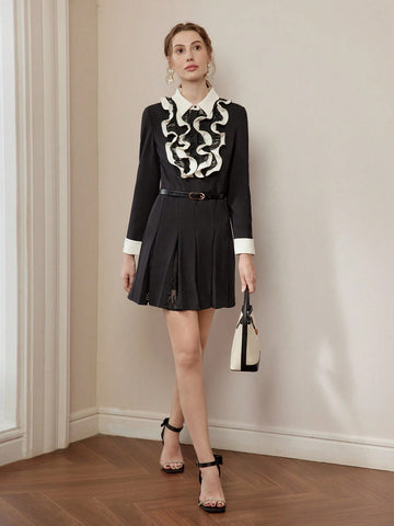 MOTF PREMIUM CONTRAST LACE RUFFLE TRIM PLEATED HEM BELTED SHORT DRESS