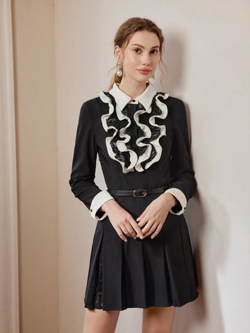 MOTF PREMIUM CONTRAST LACE RUFFLE TRIM PLEATED HEM BELTED SHORT DRESS