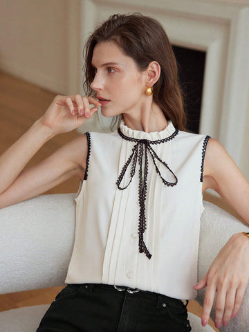 MOTF PREMIUM CONTRAST LACE TRIM TIE NECK FRILL MOCK NECK FOLD PLEATED BLOUSE