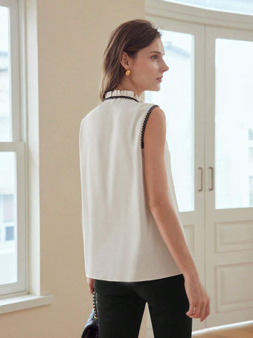 MOTF PREMIUM CONTRAST LACE TRIM TIE NECK FRILL MOCK NECK FOLD PLEATED BLOUSE