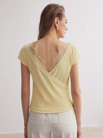 MOTF PREMIUM CONTRAST LACE TRIM V-NECK BATWING SLEEVE TEE