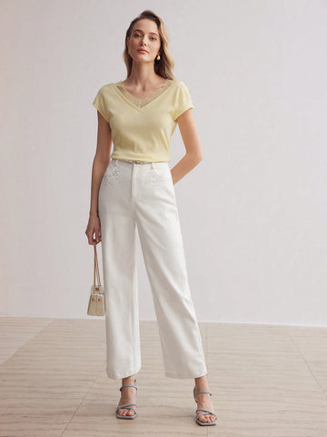 MOTF PREMIUM CONTRAST LACE TRIM V-NECK BATWING SLEEVE TEE