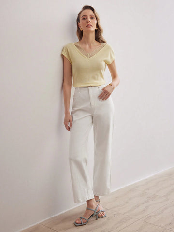 MOTF PREMIUM CONTRAST LACE TRIM V-NECK BATWING SLEEVE TEE