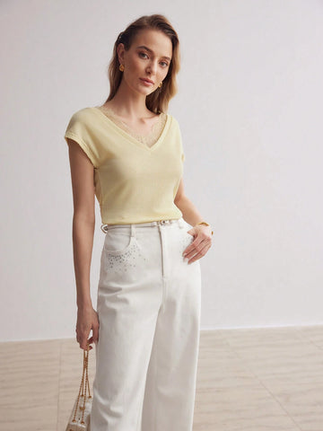 MOTF PREMIUM CONTRAST LACE TRIM V-NECK BATWING SLEEVE TEE