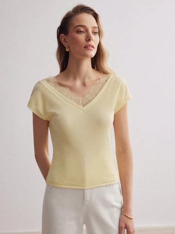 MOTF PREMIUM CONTRAST LACE TRIM V-NECK BATWING SLEEVE TEE