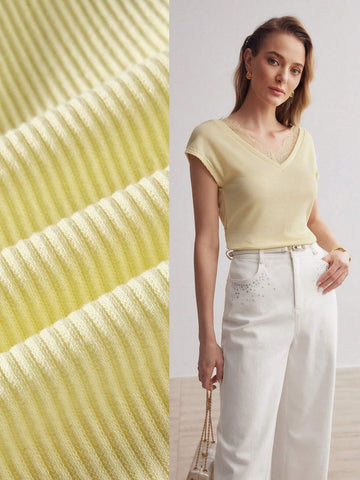 MOTF PREMIUM CONTRAST LACE TRIM V-NECK BATWING SLEEVE TEE