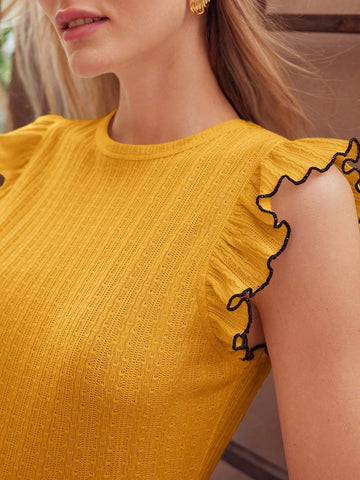 MOTF PREMIUM CONTRAST LETTUCE TRIM RUFFLE ARMHOLE TEXTURED TEE