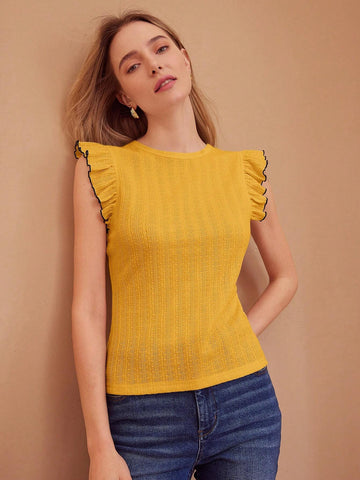 MOTF PREMIUM CONTRAST LETTUCE TRIM RUFFLE ARMHOLE TEXTURED TEE