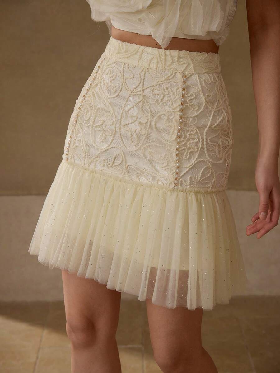 MOTF PREMIUM CONTRAST MESH RUFFLE HEM SKIRT