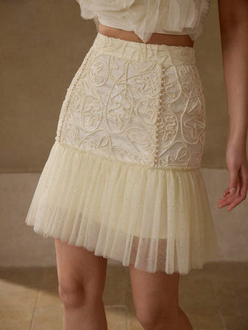 MOTF PREMIUM CONTRAST MESH RUFFLE HEM SKIRT