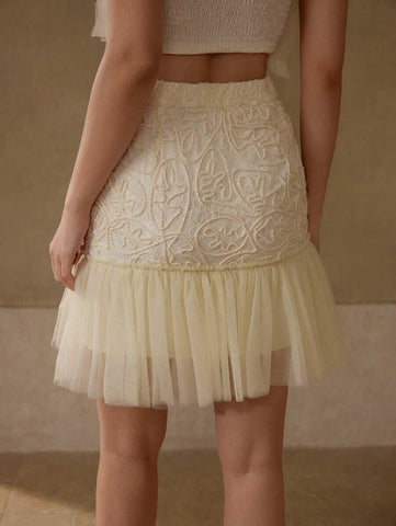 MOTF PREMIUM CONTRAST MESH RUFFLE HEM SKIRT