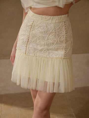 MOTF PREMIUM CONTRAST MESH RUFFLE HEM SKIRT