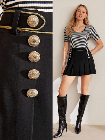 MOTF PREMIUM CONTRAST PIPING BUTTON DECOR PLEATED SKIRT