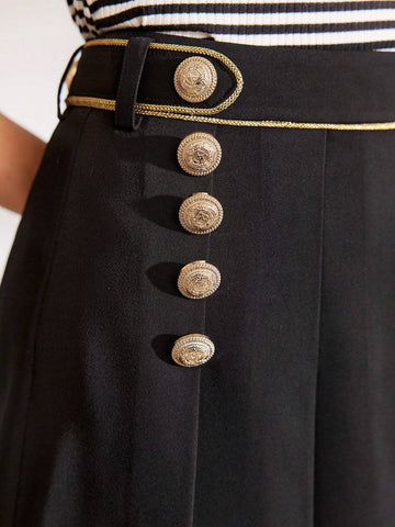 MOTF PREMIUM CONTRAST PIPING BUTTON DECOR PLEATED SKIRT