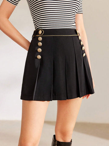 MOTF PREMIUM CONTRAST PIPING BUTTON DECOR PLEATED SKIRT