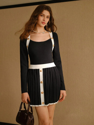 MOTF PREMIUM CONTRAST PIPING GOLD BUTTON DETAIL PLEATED KNIT SKIRT