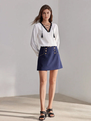 MOTF PREMIUM CONTRAST PIPING TASSEL LACE UP V-NECK BLOUSE